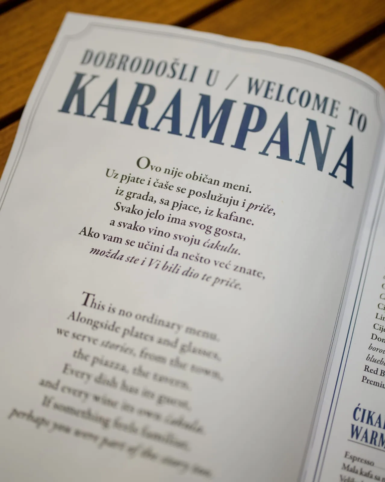 Karampana menu card on marble